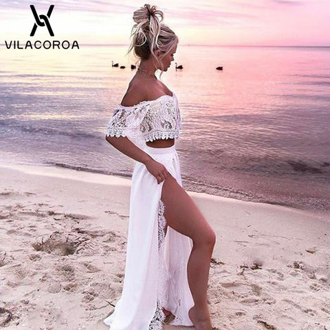 White Sexy Women Party Dress Lace Off The Shoulder Split Floor-Length Maxi Dress 2 piece Set Long Boho Dress vestidos de festa