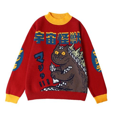 Harajuku Fashion Knitted Women Sweater Cartoon Monster Embroidery Student Sweater Coat Loose Retro Hit Color Pullover Sweater