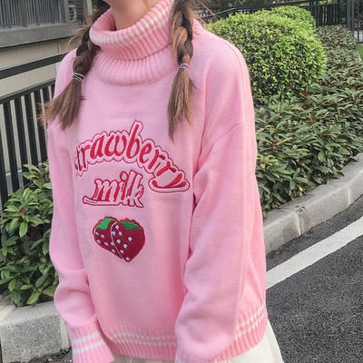 Cute Strawberry Embroidered Loose Sweater Women's Sweaters Japanese Kawaii Ulzzang Female Korean Harajuku Clothing For Women