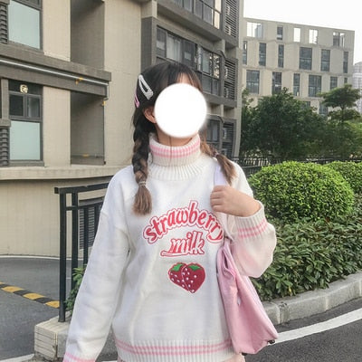 Cute Strawberry Embroidered Loose Sweater Women's Sweaters Japanese Kawaii Ulzzang Female Korean Harajuku Clothing For Women