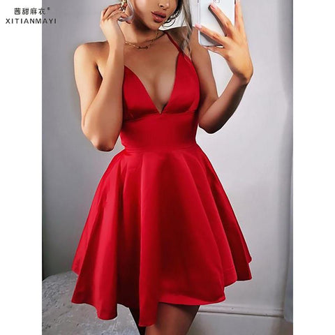 Formal Dress Women Sexy V-neck Spaghetti Strap Woman Party Night Dresses Elegant Ladies A-line Evening Short Mini Dress robe D30