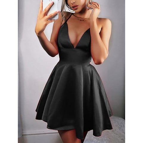 Formal Dress Women Sexy V-neck Spaghetti Strap Woman Party Night Dresses Elegant Ladies A-line Evening Short Mini Dress robe D30