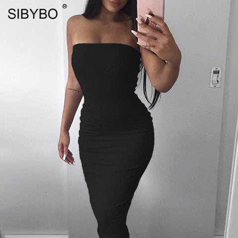 Sibybo Off Shoulder Strapless Sexy Women Dress Sleeveless Straight Long Bodycon Dress Backless Casual Summer Party Dress Women