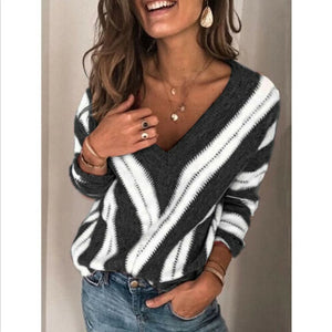 2020 Spring Womens Sweater Striped Fashion V Neck Long Sleeve Sweater Loose Knitted Batwing Sleeve Pullover Sexy Jumper Tops Hot