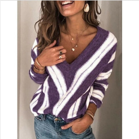 2020 Spring Womens Sweater Striped Fashion V Neck Long Sleeve Sweater Loose Knitted Batwing Sleeve Pullover Sexy Jumper Tops Hot