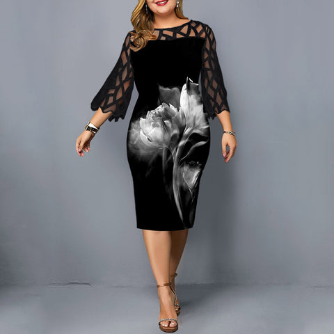 L-6XL Women Plus Size Dress Elegant Ladies Black Sheer Lace Sleeve Dress 2020 Chic Casual Printed Lace Evening Party Dresses D25