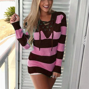 Madam clothing OWLPRINCESS Stripe Winter Women Sweater  V Neck Lace Up Warm Pink Pullover Sweater Femme Fashion Knitwear XS-XXL