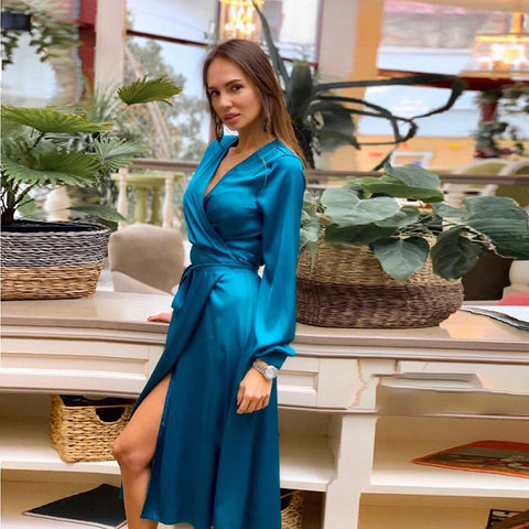 Women Casual Silk Sashes Sexy a Line Party Dress Ladies Long Sleeve v Neck Elegant Split 2019 New Fashion Midi Dress Vintage