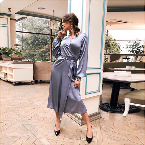 Women Casual Silk Sashes Sexy a Line Party Dress Ladies Long Sleeve v Neck Elegant Split 2019 New Fashion Midi Dress Vintage