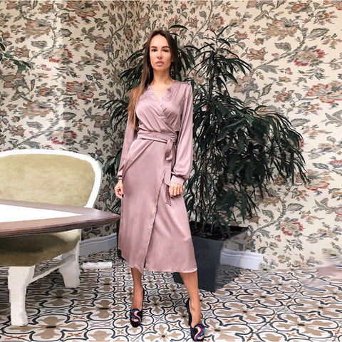 Women Casual Silk Sashes Sexy a Line Party Dress Ladies Long Sleeve v Neck Elegant Split 2019 New Fashion Midi Dress Vintage