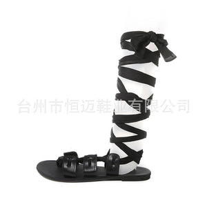 Women Gladiator Cross Tied Flat Summer Sandals Ladies Casual Open Toe Knee High Shoes Plus Size Ladies Fashion 362