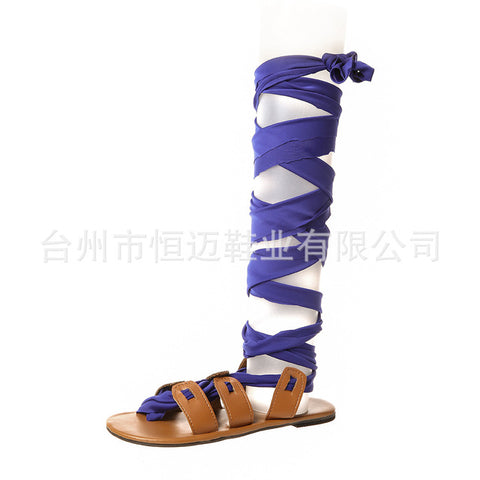 Women Gladiator Cross Tied Flat Summer Sandals Ladies Casual Open Toe Knee High Shoes Plus Size Ladies Fashion 362