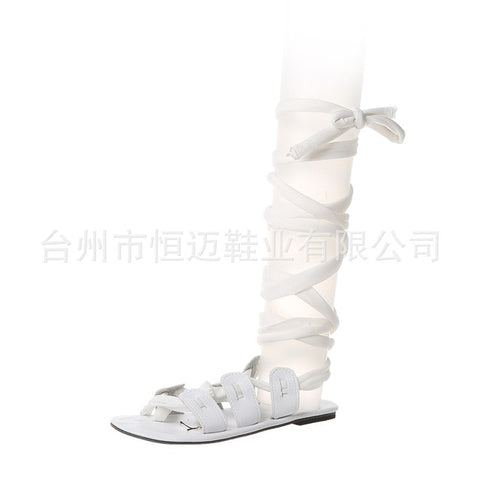 Women Gladiator Cross Tied Flat Summer Sandals Ladies Casual Open Toe Knee High Shoes Plus Size Ladies Fashion 362