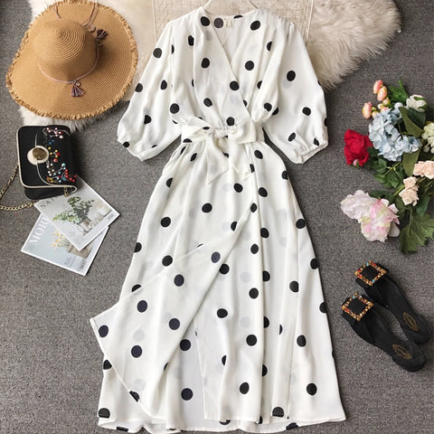 Women Vintage Polka Dot V-neck Dresses New 2020 Spring Women Casual Half Sleeve Slim A-line Holiday Dress