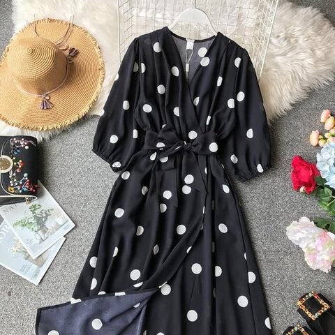 Women Vintage Polka Dot V-neck Dresses New 2020 Spring Women Casual Half Sleeve Slim A-line Holiday Dress