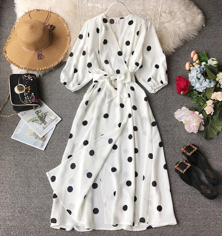 Women Vintage Polka Dot V-neck Dresses New 2020 Spring Women Casual Half Sleeve Slim A-line Holiday Dress