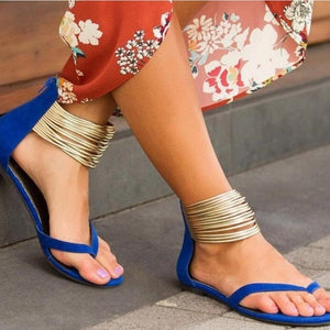 Women 2020 Summer Casual Flat Sandals Plus Size Flip Flops Female Flock Metal Decoration Zipper Ankle Wrap Shoes Leisure shoes