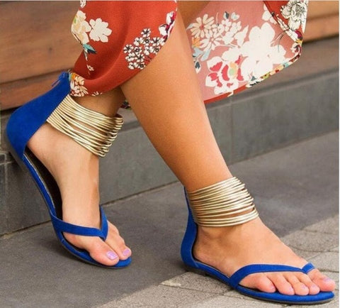 Women 2020 Summer Casual Flat Sandals Plus Size Flip Flops Female Flock Metal Decoration Zipper Ankle Wrap Shoes Leisure shoes