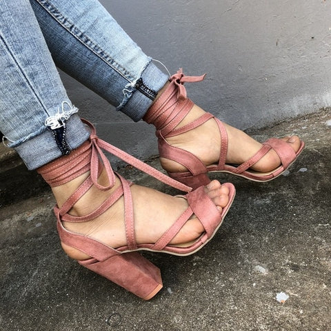 Summer New High-Heeled Strap Womens Square Heel Sandals Large Size Women's Shoes Cross Straps Thick With Fashion Beach Sandals