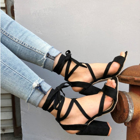 Summer New High-Heeled Strap Womens Square Heel Sandals Large Size Women's Shoes Cross Straps Thick With Fashion Beach Sandals