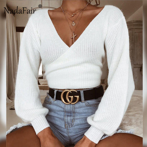 Nadafair sexy off shoulder white casual sweater women autumn winter long sleeve knitted crop tops back bow slim solid sweater