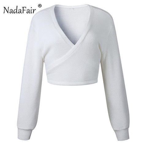 Nadafair sexy off shoulder white casual sweater women autumn winter long sleeve knitted crop tops back bow slim solid sweater